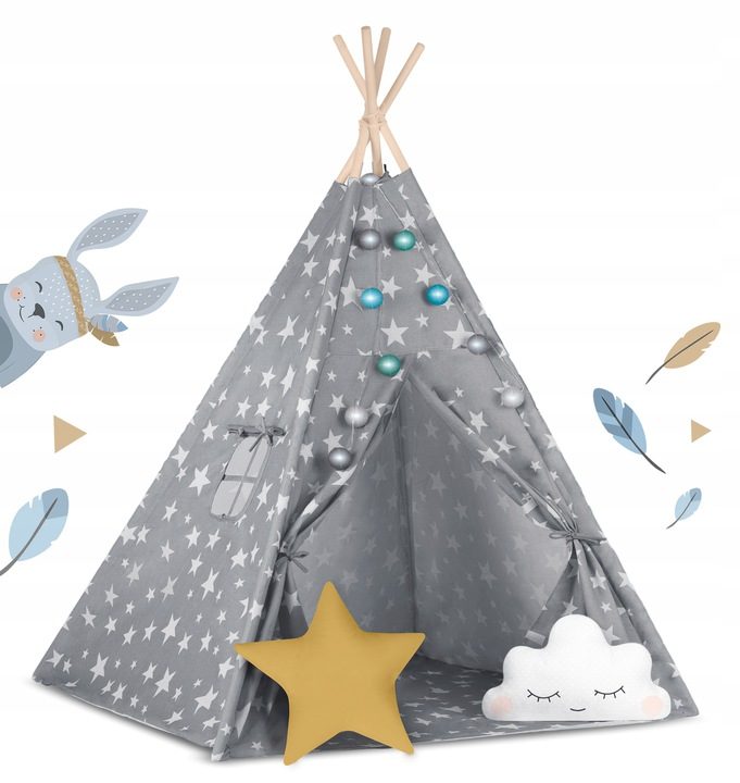 Tenda Teepee per bambini con luci – Color grigio &stelle 120x120x160cm  Global - My Family Shop