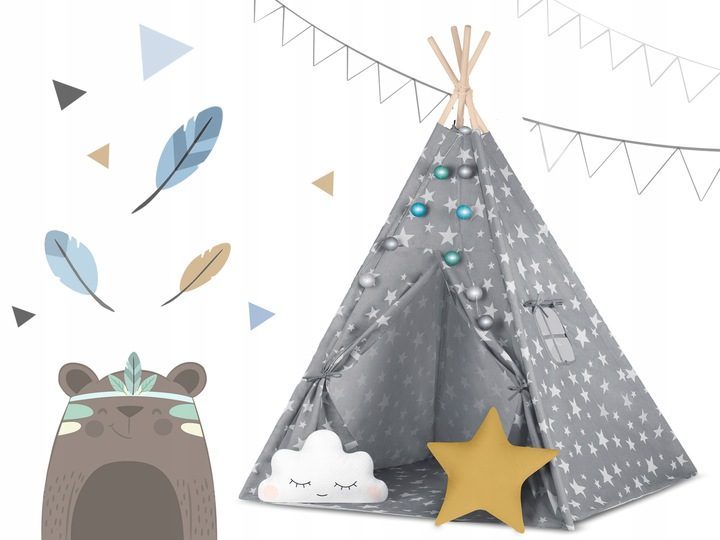 Tenda Teepee per bambini con luci – Color grigio &stelle 120x120x160cm  Global - My Family Shop